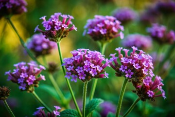 Obraz premium Softly blurred green scenery highlights vibrant purple petals of verbena flower, delicately swaying in gentle breeze, showcasing intricate details of nature's beauty.