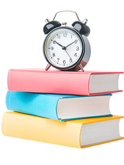Naklejka premium A stack of books next to an alarm clock on a white surface