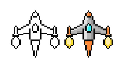 Obraz premium Pixel Art Spaceship. Game rocket in retro style. Vector illustration