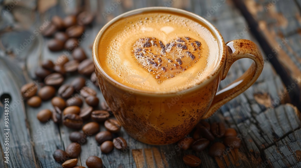 Poster cup of coffee latte with heart shape and coffee beans on old wooden background : generative ai