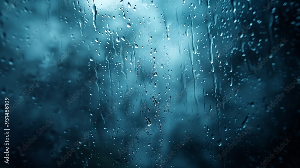 Poster rain drops on the window surface dark blue clouds visible through the rain rainy background : genera