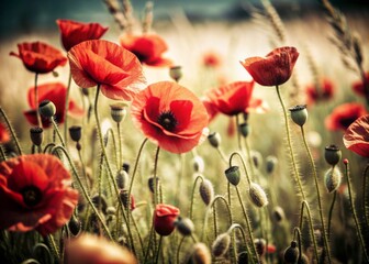 Fototapeta premium Vibrant red poppies bloom in a serene wild field, basking in soft warm light, featuring creative toning and rich dark processing, ideal for a floral background with ample copy space.