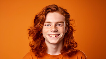 Naklejka premium Portrait of a happy smiling red-haired, long haired confident teenage guy with perfect skin, orange background, banner.