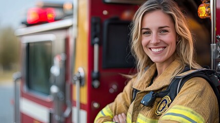 A smiling female firefighter stands by a fire truck, her posture confident and proud, a beacon of courage and service