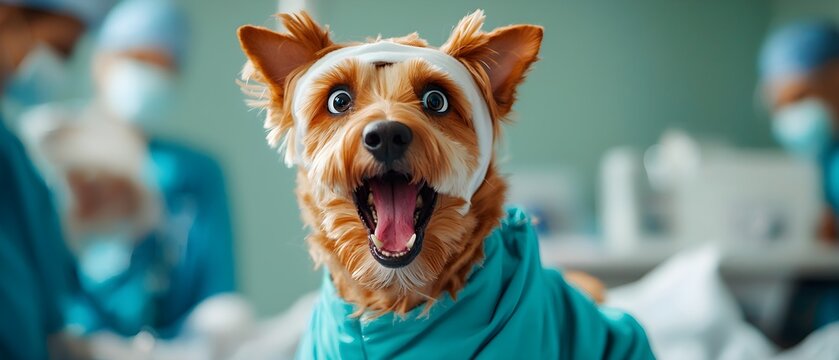 Comical scene of a dog dressed as a doctor, making a double-take with an exaggerated, goofy face in its scrubs