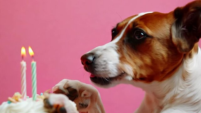A Paw-some Birthday Wish: A Jack Russell Terrier gazes longingly at his birthday cake, candles ablaze, against a vibrant pink backdrop.