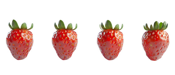 Four realistic strawberries arranged in a row, showcasing their vibrant red color and green tops.
