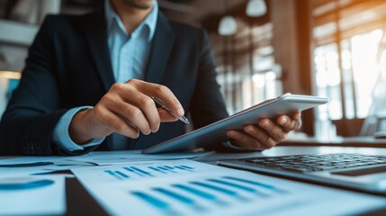 A franchise owner reviewing sales reports on a digital tablet in a modern office setting, emphasizing their business acumen