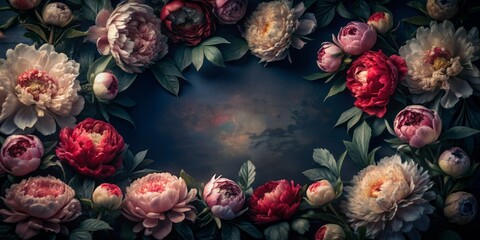 Fototapeta premium Delicate red and pink peonies bloom in a lush floral frame against a dark, moody background, perfect for romantic greeting cards, invitations, or event banners.