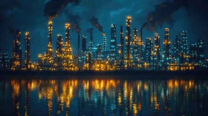 Fototapeta premium An oil refinery glowing in the dark, industrial structures and lights reflecting in a quiet night, creating a powerful visual