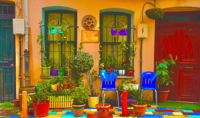 Obraz premium Colorful urban facade with vibrant potted plants and outdoor decor in a cozy street. Features bright chairs, rustic charm, and Mediterranean architectural details. 