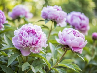 Obraz premium Soft focus pink peony flowers blooming amidst lush green foliage, creating a serene and romantic background perfect for weddings, feminine and spring-inspired designs.