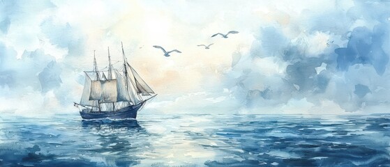 A sailing ship on a calm sea with seagulls in the sky