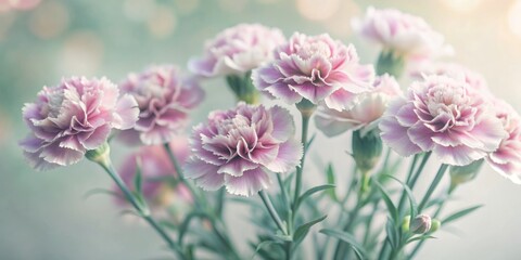 Delicate violet carnations with ruffled petals and slender stems contrast beautifully against a soft, serene pastel pink background, creating a dreamy floral arrangement.