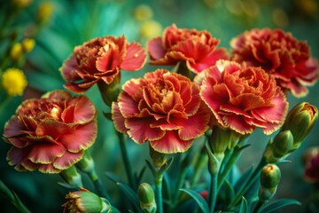 Vibrant red carnations with delicate, ruffled petals and golden centers bloom in close-up against a soft, natural background, heralding the arrival of spring.
