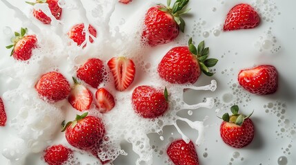 Strawberry falling into milk splash, dynamic health food