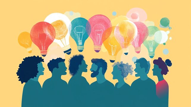 A group of diverse individuals collaborating on a fundraising event, sharing ideas and strategies, with a light solid color background