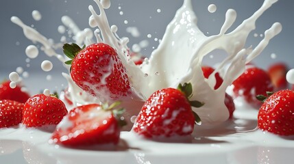 Strawberry falling into milk splash, dynamic health food