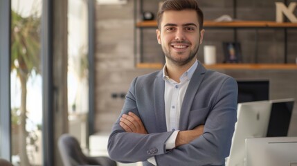 Obraz premium Smiling handsome businessman with crossed arms in modern office, young man exuding confidence, business success concept.