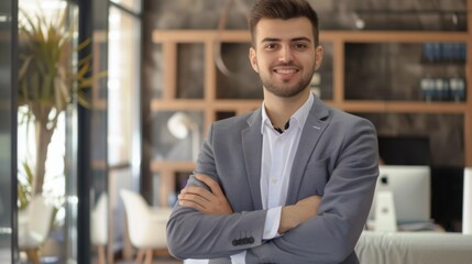 Obraz premium Smiling handsome businessman with crossed arms in modern office, young man exuding confidence, business success concept.