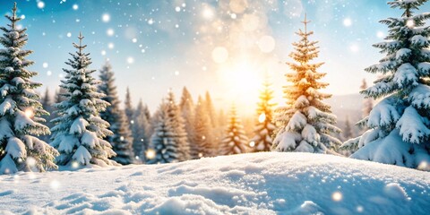 Fototapeta premium Magical Winter Wonderland. A breathtaking landscape of a snow-covered forest bathed in the soft glow of sunrise. 