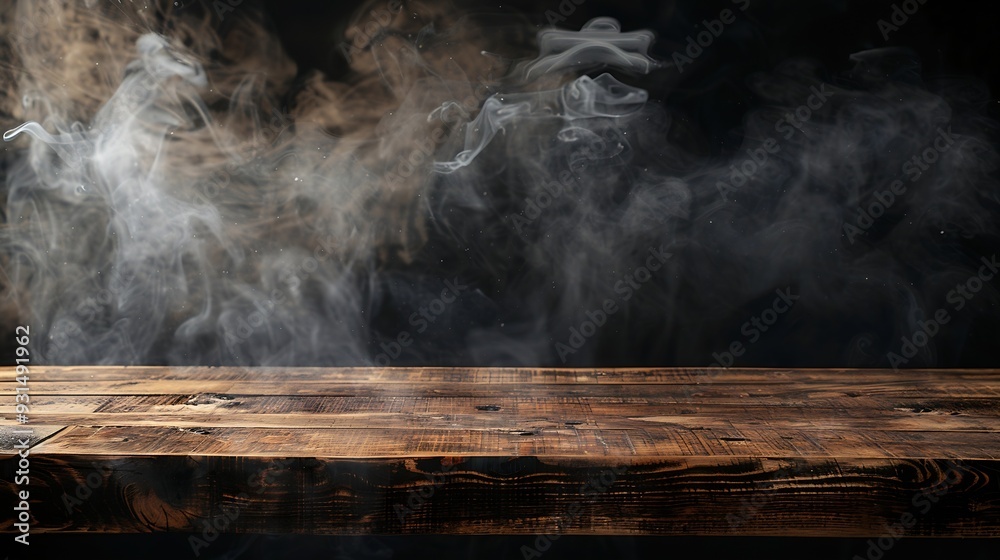 Aufkleber On a black background an empty wooden table with smoke floats up Empty space for displaying your products with a smoke float up on a dark background Space available for displaying your : Generative AI