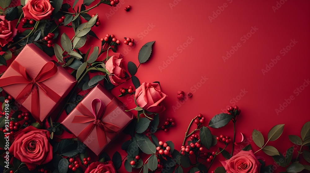 Poster Valentines Day vertical banner design Flat lay composition with gift boxes rose buds on red background Top view : Generative AI