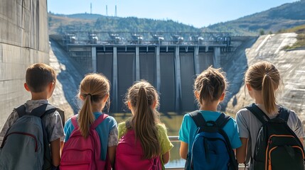 Children visiting a hydroelectric dam on a school trip, bright sunny day, guide explaining how it works, educational and inspiring atmosphere, curious and engaged mood