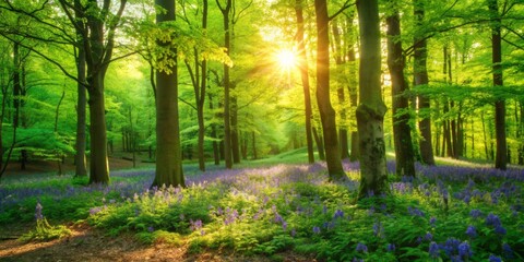 Obraz premium Serene sunlit forest landscape featuring a vibrant bluebell carpet stretching towards the horizon beneath a canopy of lush green trees in warm morning light.