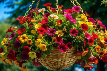 Vibrant blooms of red, yellow, pink, purple, and orange flowers cascade from a woven hanging basket, suspended against a soft, serene blue background.