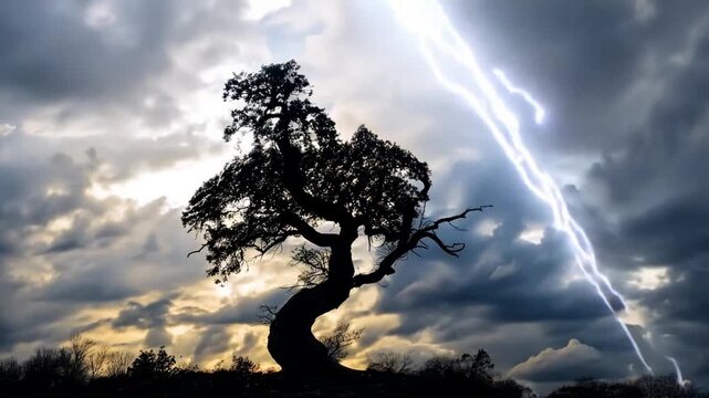 The Unyielding Oak: A solitary oak, etched against a stormy sky, stands defiant as lightning strikes, a testament to resilience and the power of nature. 