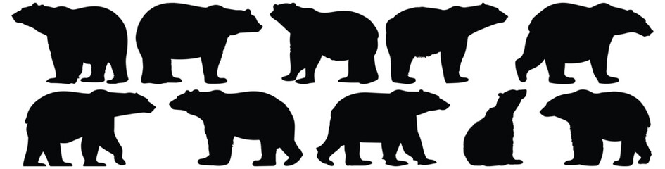 Polar bear silhouettes set, bear pack of vector silhouette design, isolated background
