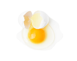 Broken raw egg isolated on white, top view