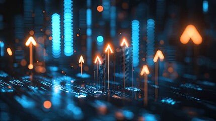 Economic chart depicting growth, upward arrows with glowing lights, blue and black color palette representing financial success