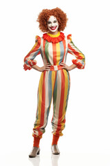 Full body shot of friendly female clown in colorful striped costume on white background