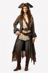 Naklejka premium Friendly female pirate in full costume standing confidently in a studio shot