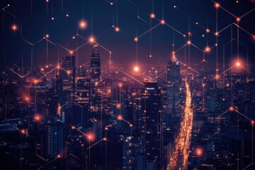 Obraz premium Cityscape with Hexagonal Network Overlay