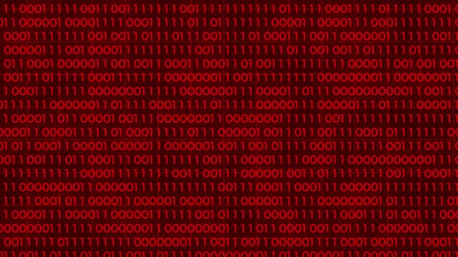 Foreground red binary code. Digits of 0 and 1 switch to binary data loop. Concept: Technology, data, cybersecurity, binary code.