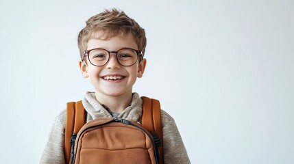 Happy boy with glasses and a backpack, bright smile on a white background, leaving room for copy or design elements