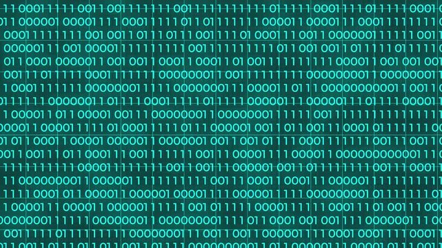 Blue binary code foreground. Digits of 0 and 1 switch to binary data loop. Concept: Technology, data, cybersecurity, binary code.