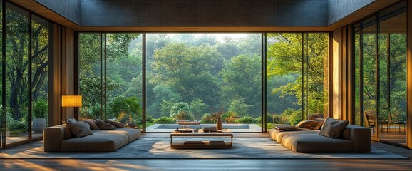 Fototapeta premium Modern Home Living Room With A Beautiful Forest View, Creating A Serene And Stylish Setting