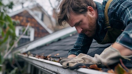 A man cleaning out his gutters, preventing water damage