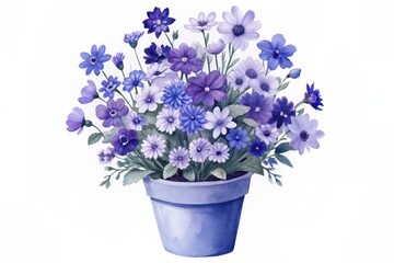 Delicate watercolor illustrations of a beautiful flower pot with varied blooms, isolated on transparent background, provided as a high-quality PNG set for instant use.