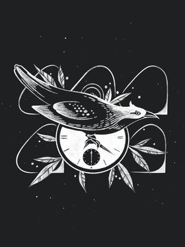 recommend clip art: Surreal black and white linework illustration of a cuckoo on a clock. The cuckoo indicates the time of life