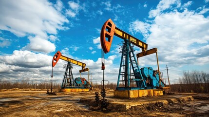 Fototapeta premium Oil field with active pumps and a blue sky, representing the intersection of energy markets, extraction, and economy.