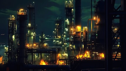 Nighttime refinery landscape, glowing lights illuminating pipes and towers, with shadows casting a dramatic effect