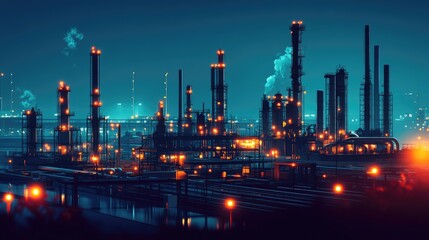 Fototapeta premium Nighttime refinery landscape, glowing lights illuminating pipes and towers, with shadows casting a dramatic effect
