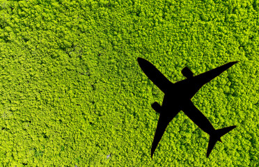 Shadow airplane flying above green mangrove forest. Sustainable fuel. Use biofuel in aviation for...