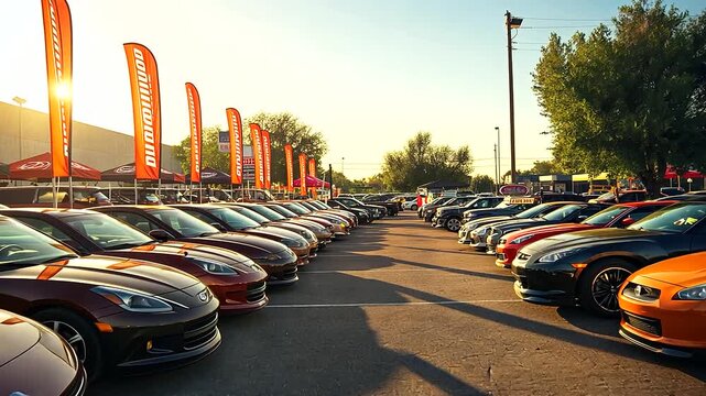 A dealership lot under the bright sun, showcasing a variety of used cars parked neatly, with sales banners and promotional signs in the background