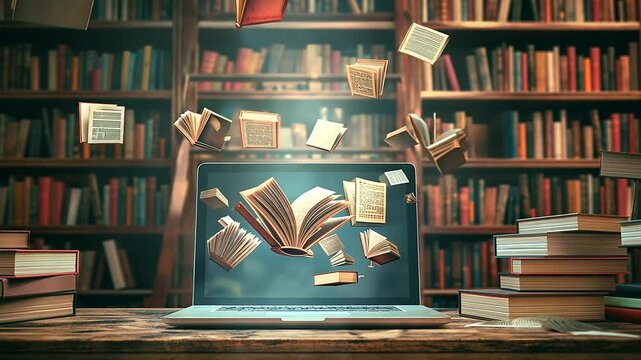 A laptop with a screen filled with levitating books and school icons, amidst bookshelves overflowing with books, on a rich dark wood backdrop